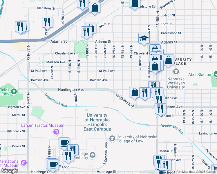 map of restaurants, bars, coffee shops, grocery stores, and more near 4220 Huntington Avenue in Lincoln