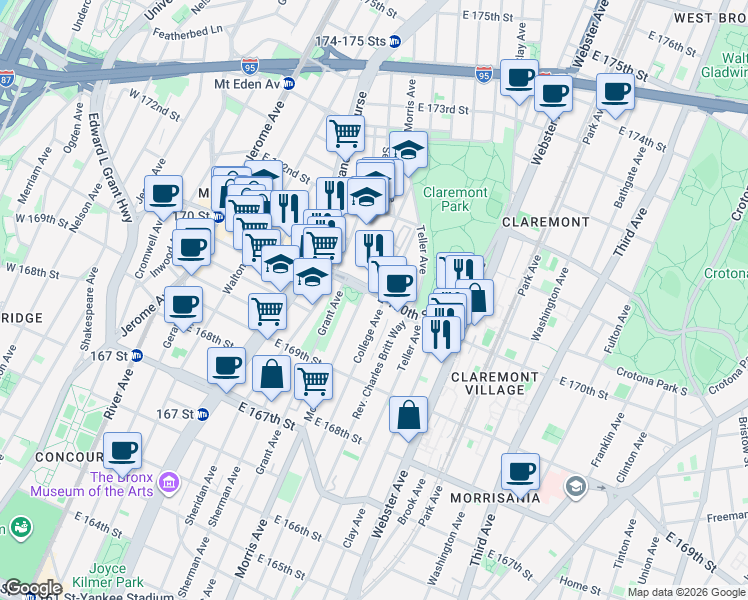 map of restaurants, bars, coffee shops, grocery stores, and more near 280 East 170th Street in Bronx