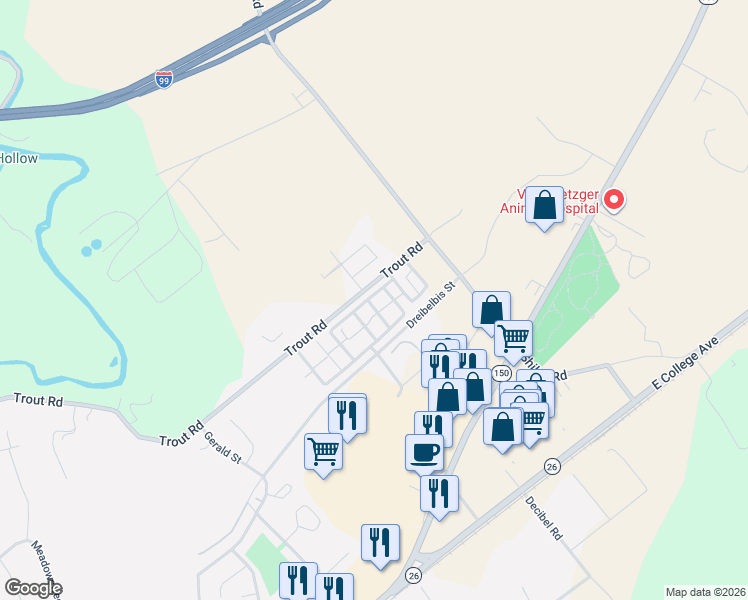 map of restaurants, bars, coffee shops, grocery stores, and more near 130 Lincoln Avenue in State College