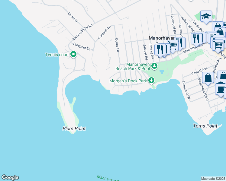 map of restaurants, bars, coffee shops, grocery stores, and more near 17 Sands Court in Port Washington
