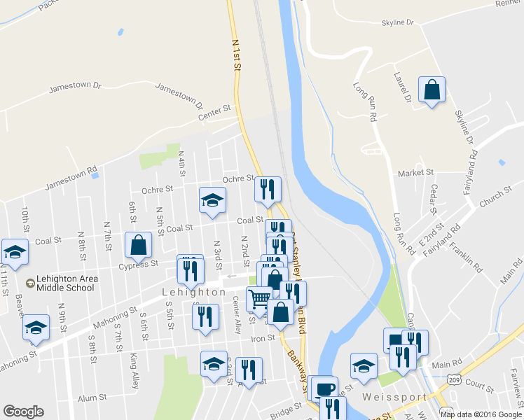 map of restaurants, bars, coffee shops, grocery stores, and more near 314 North 1st Street in Lehighton