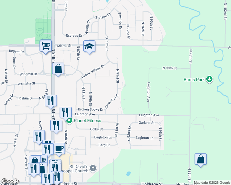 map of restaurants, bars, coffee shops, grocery stores, and more near 2519 Cedar Cove Road in Lincoln
