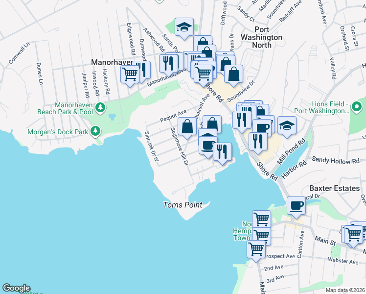 map of restaurants, bars, coffee shops, grocery stores, and more near 40 Sagamore Hill Drive in Port Washington