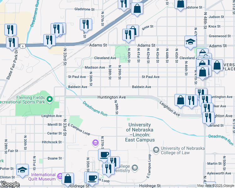 map of restaurants, bars, coffee shops, grocery stores, and more near 3835 Baldwin Avenue in Lincoln