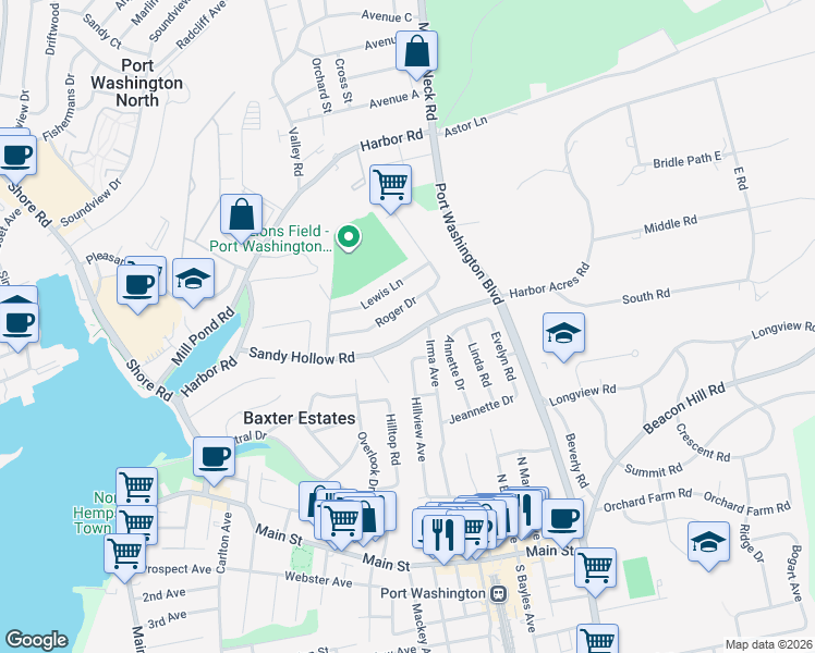 map of restaurants, bars, coffee shops, grocery stores, and more near 64 Sandy Hollow Road in Port Washington