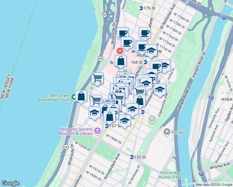 map of restaurants, bars, coffee shops, grocery stores, and more near 610 West 162nd Street in New York