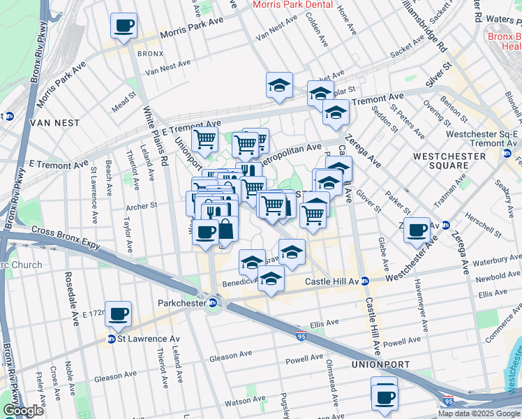 map of restaurants, bars, coffee shops, grocery stores, and more near 1558 Unionport Road in Bronx