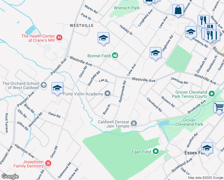 map of restaurants, bars, coffee shops, grocery stores, and more near 21 Sunnie Terrace in West Caldwell