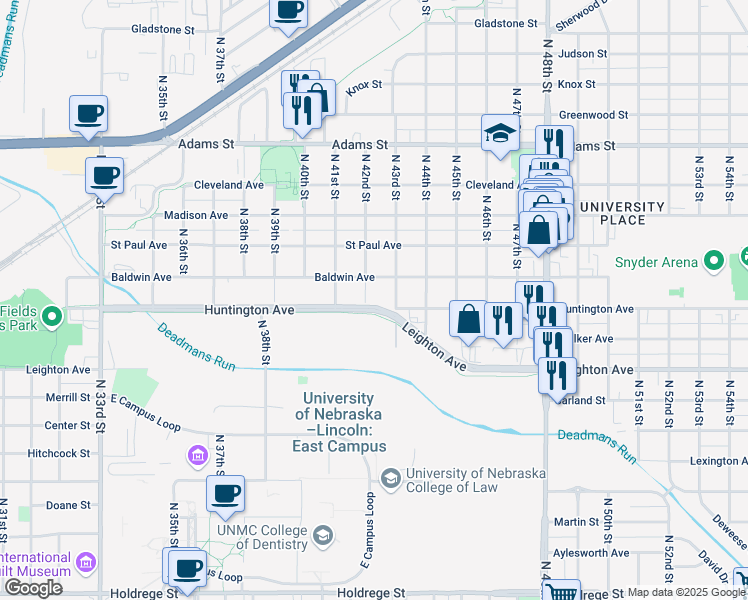map of restaurants, bars, coffee shops, grocery stores, and more near 4210 Huntington Avenue in Lincoln
