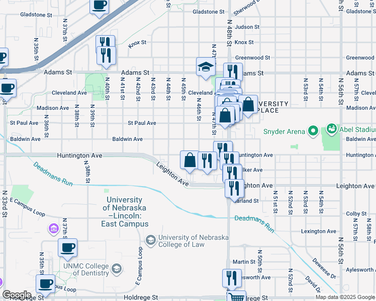 map of restaurants, bars, coffee shops, grocery stores, and more near 4510 Huntington Ave in Lincoln