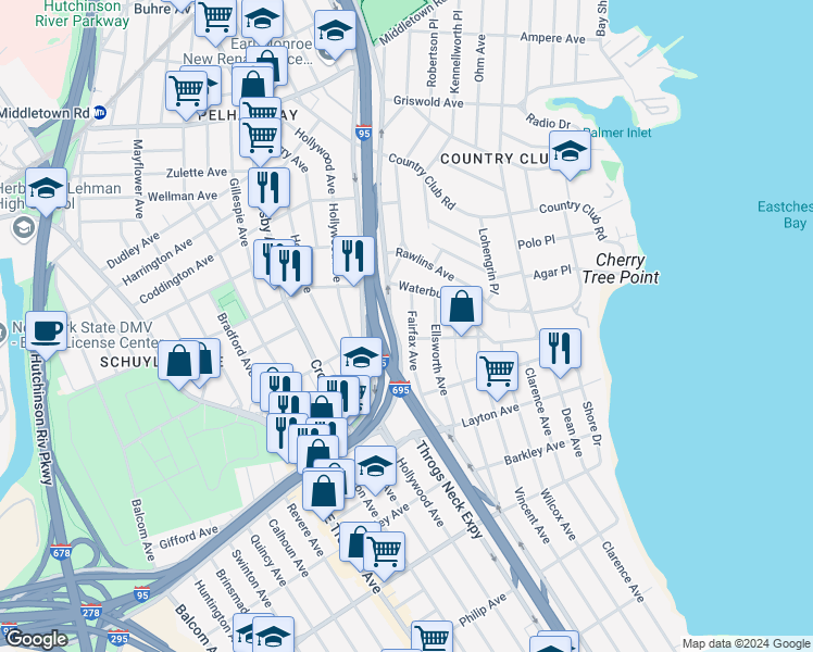 map of restaurants, bars, coffee shops, grocery stores, and more near 1215 Fairfax Avenue in Bronx
