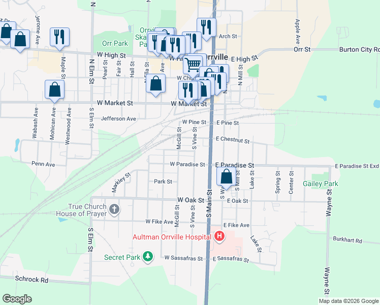 map of restaurants, bars, coffee shops, grocery stores, and more near 403 South Vine Street in Orrville