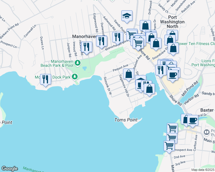 map of restaurants, bars, coffee shops, grocery stores, and more near Sintsink Drive West in Port Washington