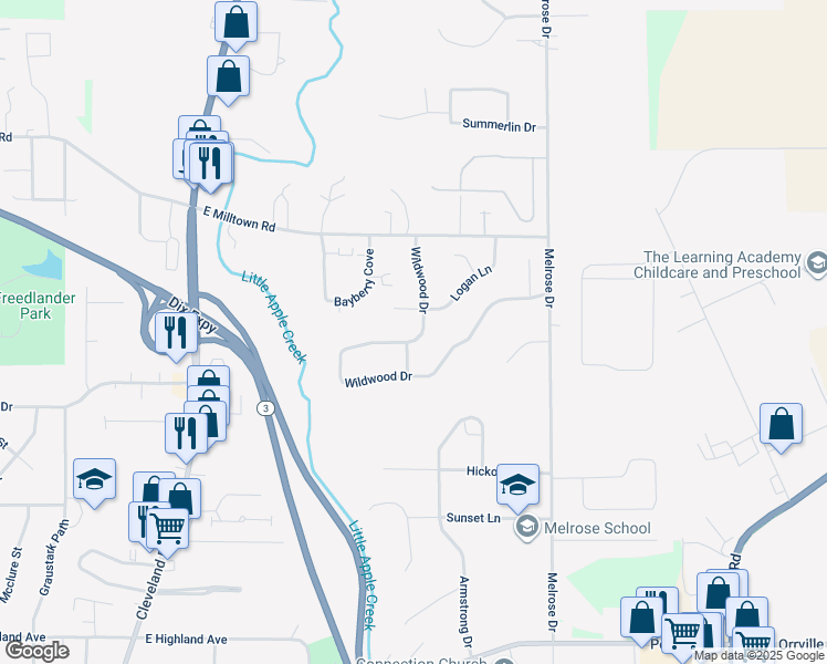 map of restaurants, bars, coffee shops, grocery stores, and more near 833 Wildwood Drive in Wooster