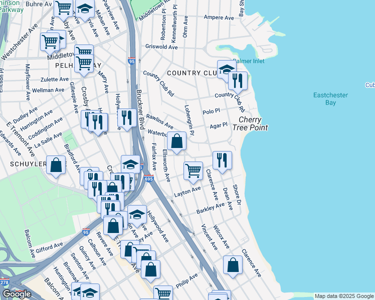map of restaurants, bars, coffee shops, grocery stores, and more near 3209 Waterbury Avenue in Bronx