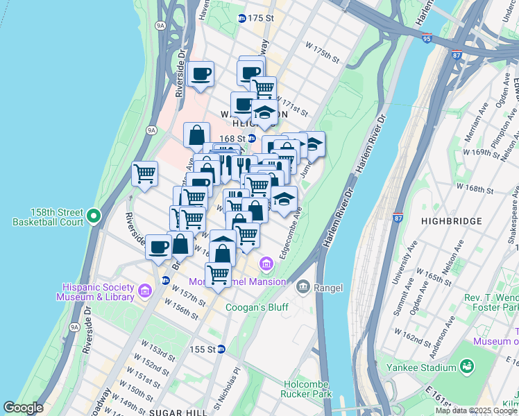 map of restaurants, bars, coffee shops, grocery stores, and more near 2102 Amsterdam Avenue in New York