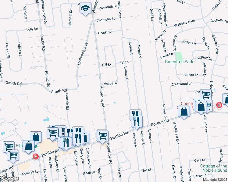 map of restaurants, bars, coffee shops, grocery stores, and more near 7 Daniel Court in Lake Ronkonkoma