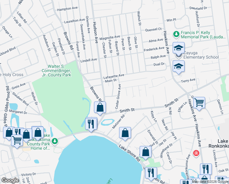 map of restaurants, bars, coffee shops, grocery stores, and more near 7 Connely Drive in Lake Grove