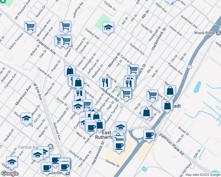 map of restaurants, bars, coffee shops, grocery stores, and more near 322 3rd Street in Carlstadt