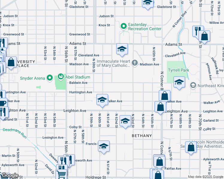 map of restaurants, bars, coffee shops, grocery stores, and more near 6100 Huntington Avenue in Lincoln