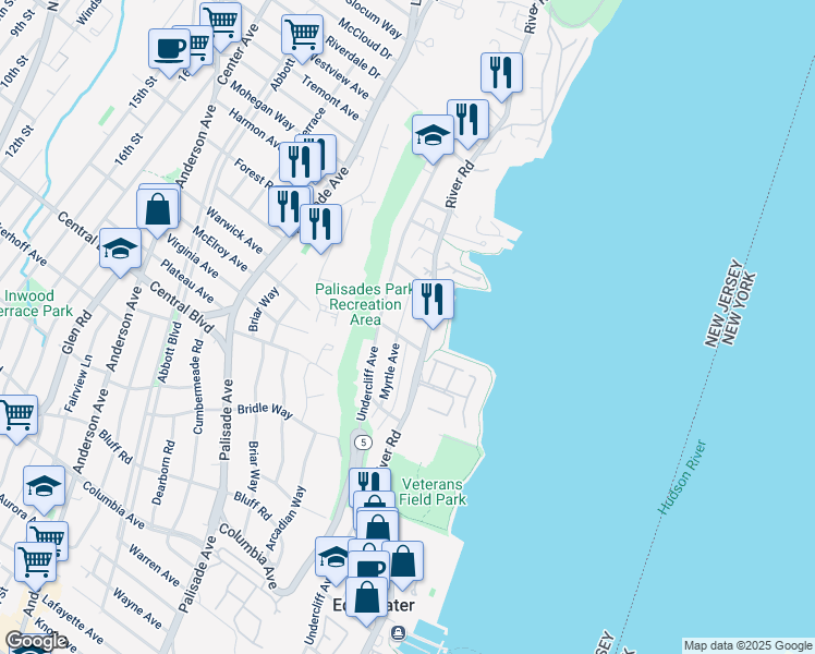 map of restaurants, bars, coffee shops, grocery stores, and more near 75 Myrtle Avenue in Edgewater