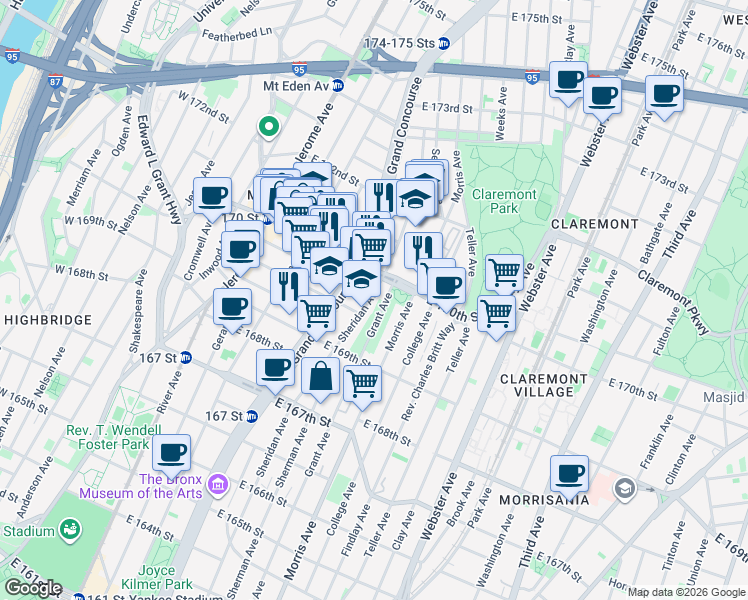 map of restaurants, bars, coffee shops, grocery stores, and more near 1360 Grant Avenue in The Bronx