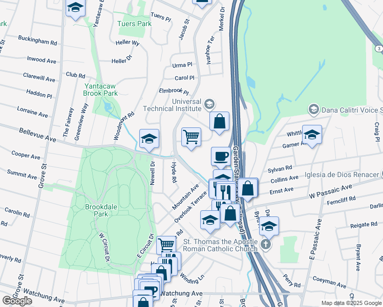 map of restaurants, bars, coffee shops, grocery stores, and more near 1409 Broad Street in Bloomfield