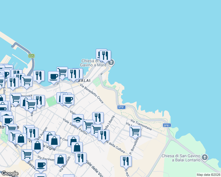 map of restaurants, bars, coffee shops, grocery stores, and more near in Province of Sassari