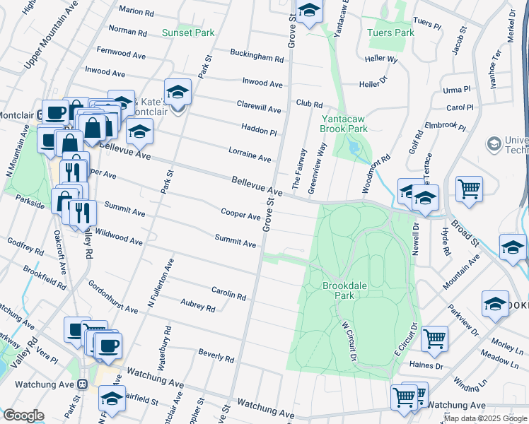 map of restaurants, bars, coffee shops, grocery stores, and more near 470 Grove Street in Montclair