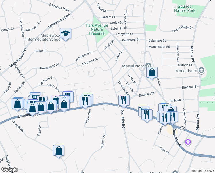 map of restaurants, bars, coffee shops, grocery stores, and more near 5 Northridge Circle in Huntington