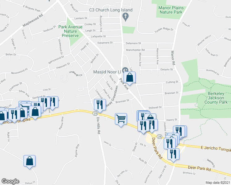 map of restaurants, bars, coffee shops, grocery stores, and more near 420 Broadway in Huntington