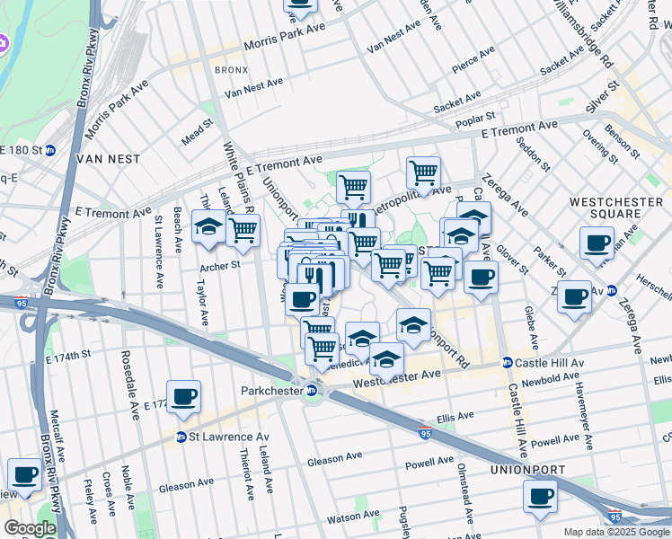 map of restaurants, bars, coffee shops, grocery stores, and more near 58 Metropolitan Oval in Bronx