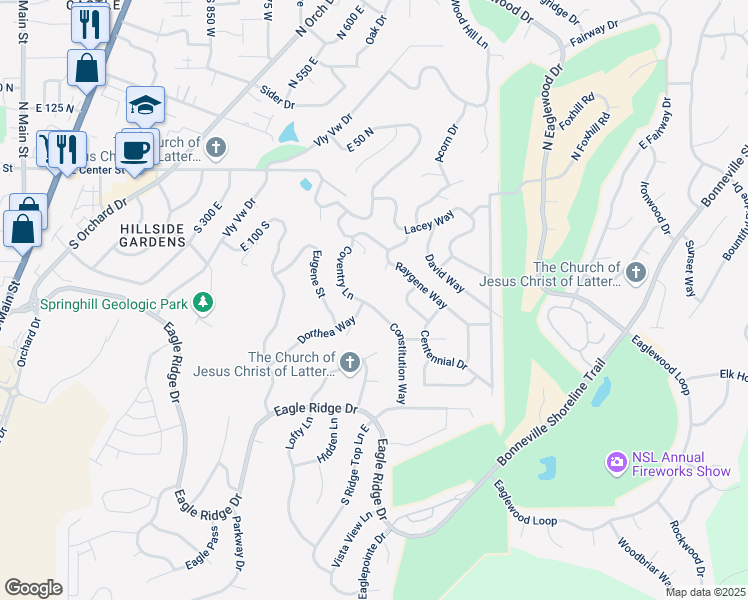 map of restaurants, bars, coffee shops, grocery stores, and more near 193 Coventry Lane in North Salt Lake