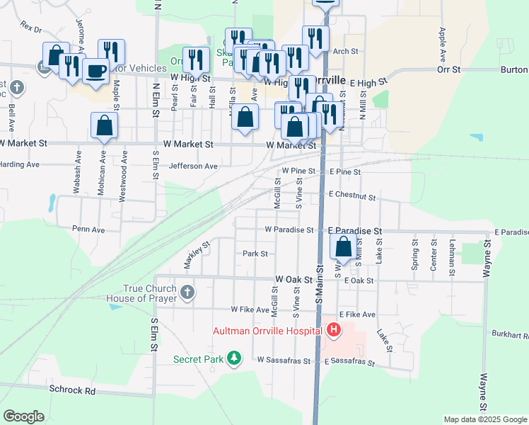 map of restaurants, bars, coffee shops, grocery stores, and more near 316 Lenore Street in Orrville