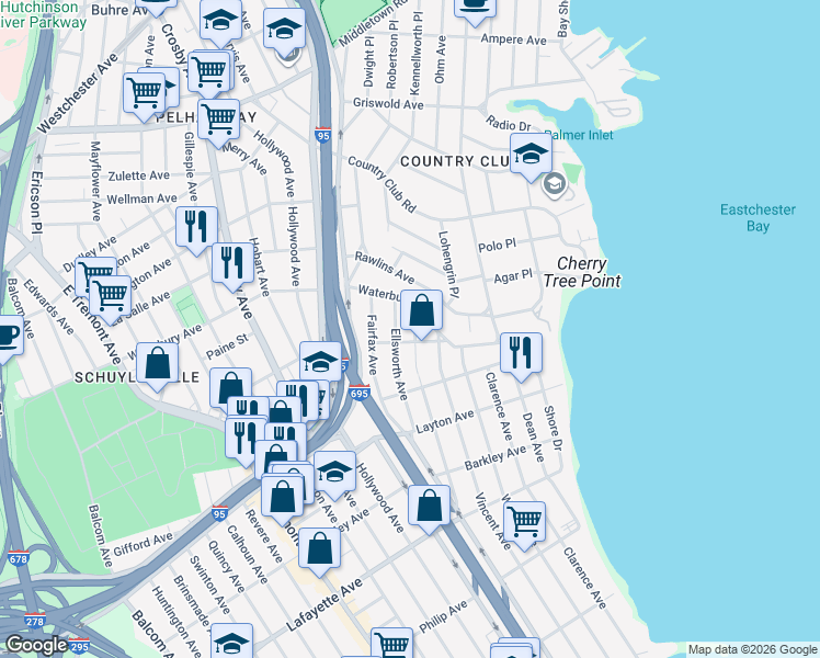 map of restaurants, bars, coffee shops, grocery stores, and more near 1213 Throgmorton Avenue in Bronx