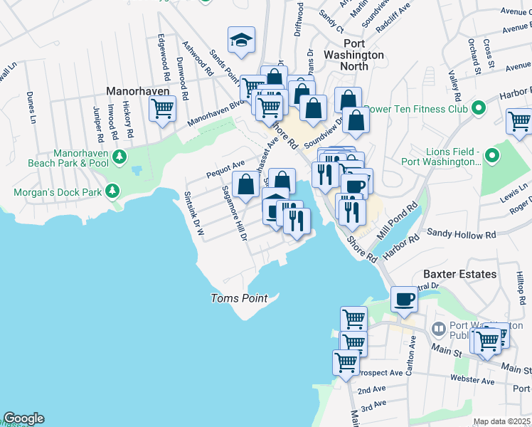 map of restaurants, bars, coffee shops, grocery stores, and more near 9 Yennicock Avenue in Port Washington