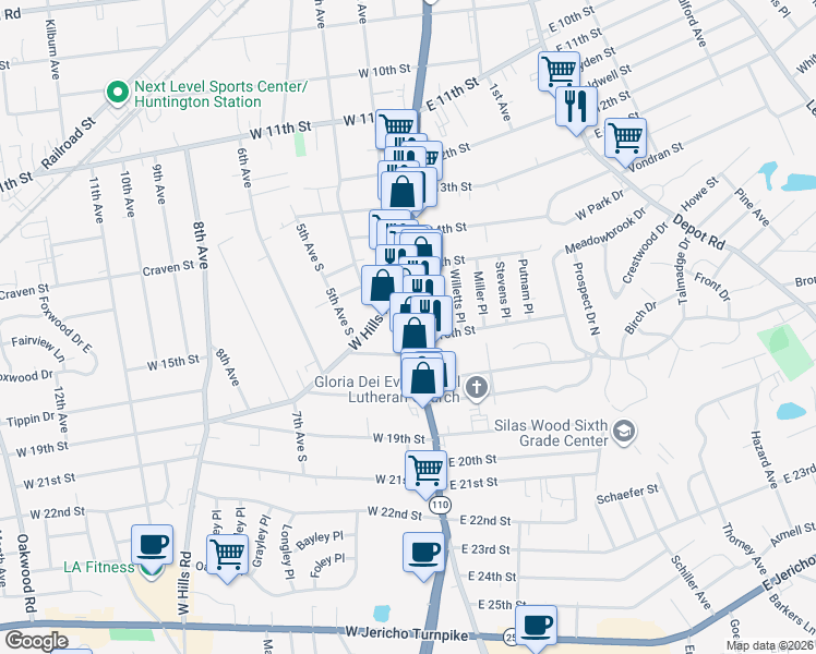 map of restaurants, bars, coffee shops, grocery stores, and more near 28 West Hills Road in Huntington Station