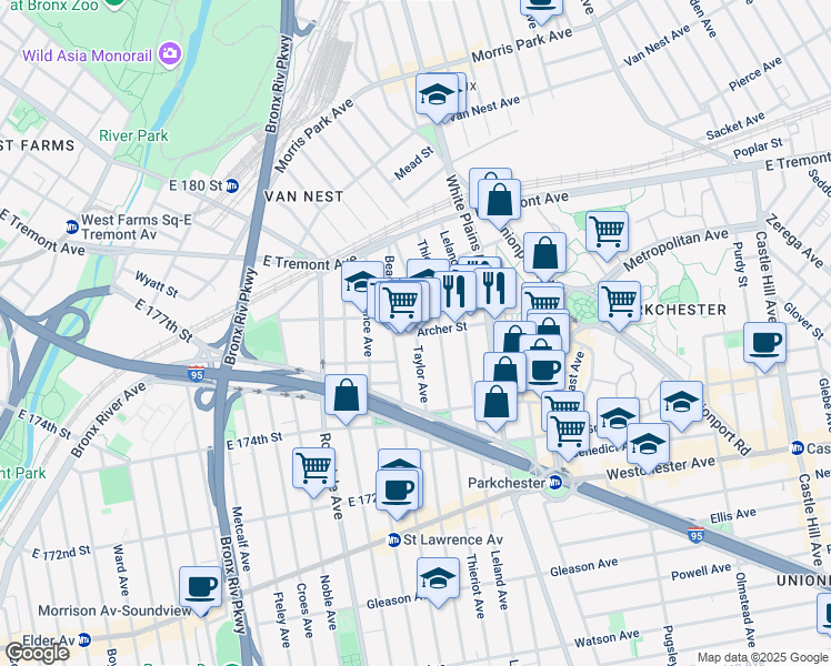 map of restaurants, bars, coffee shops, grocery stores, and more near Taylor Ave & Archer St in Bronx