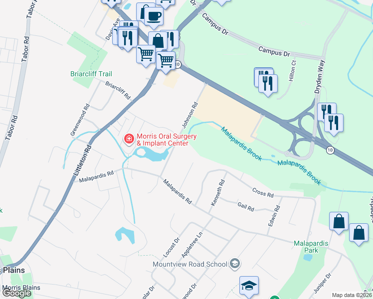 map of restaurants, bars, coffee shops, grocery stores, and more near 169 Johnson Road in Morris Plains