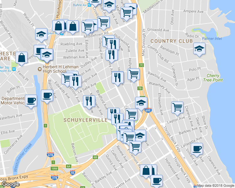 map of restaurants, bars, coffee shops, grocery stores, and more near 2967 Paine Street in Bronx