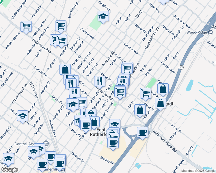 map of restaurants, bars, coffee shops, grocery stores, and more near 322 3rd St in Carlstadt