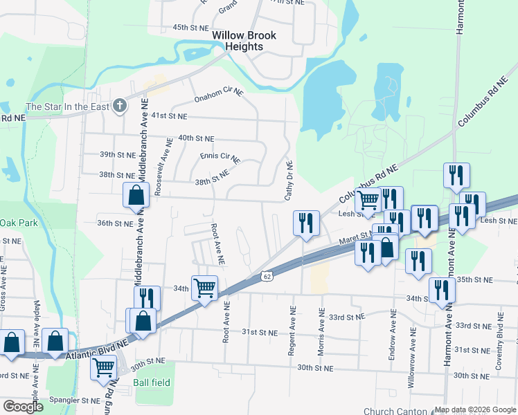 map of restaurants, bars, coffee shops, grocery stores, and more near 3701 Bosworth Avenue Northeast in Canton