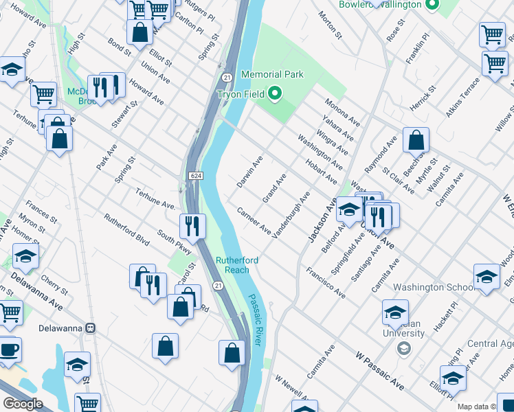 map of restaurants, bars, coffee shops, grocery stores, and more near 218 Grand Avenue in Rutherford