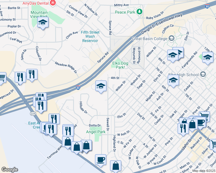 map of restaurants, bars, coffee shops, grocery stores, and more near 1698 2nd Street in Elko