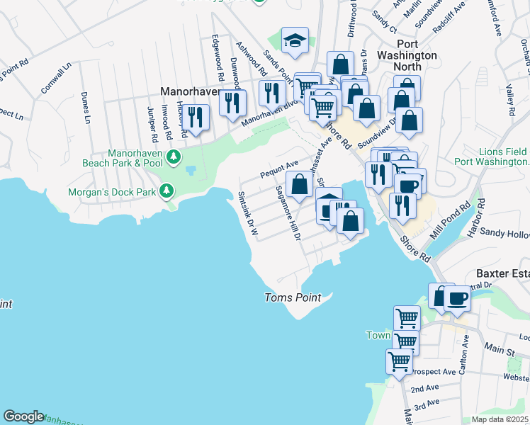 map of restaurants, bars, coffee shops, grocery stores, and more near 35 Corchaug Avenue in Port Washington