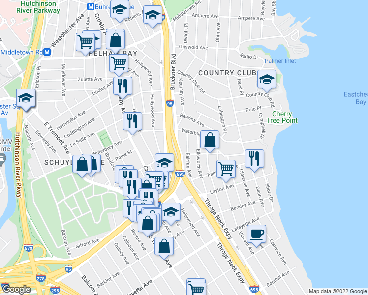 map of restaurants, bars, coffee shops, grocery stores, and more near 1215 Fairfax Avenue in Bronx