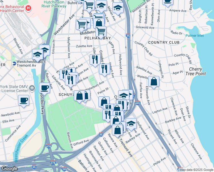 map of restaurants, bars, coffee shops, grocery stores, and more near 2967 Paine Street in Bronx