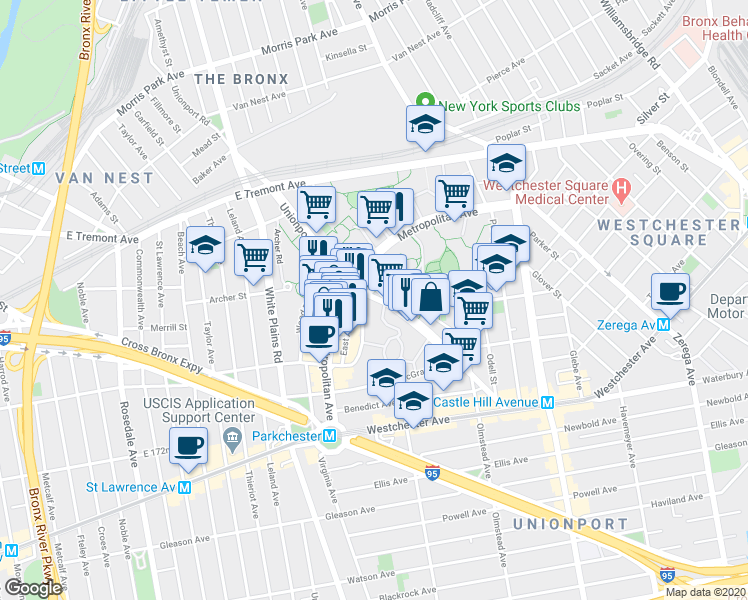 map of restaurants, bars, coffee shops, grocery stores, and more near 1555 Unionport Road in Bronx