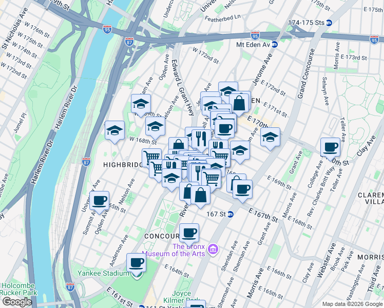map of restaurants, bars, coffee shops, grocery stores, and more near in The Bronx