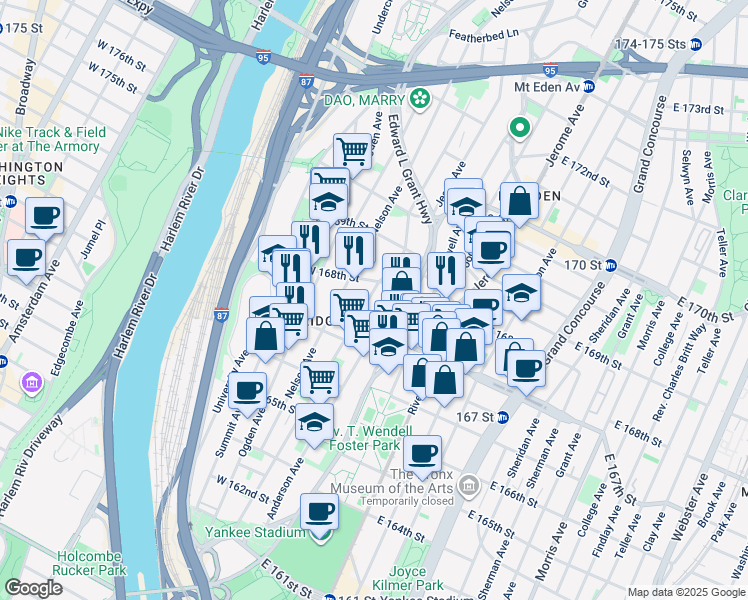 map of restaurants, bars, coffee shops, grocery stores, and more near 1219 Woodycrest Avenue in Bronx